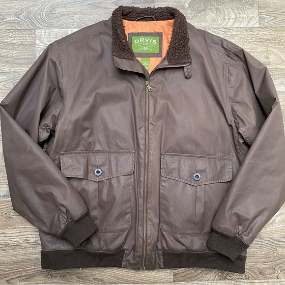 Orvis Waxed Cotton Fleece Collar Brown Bomber Large - Picture 14 of 16
